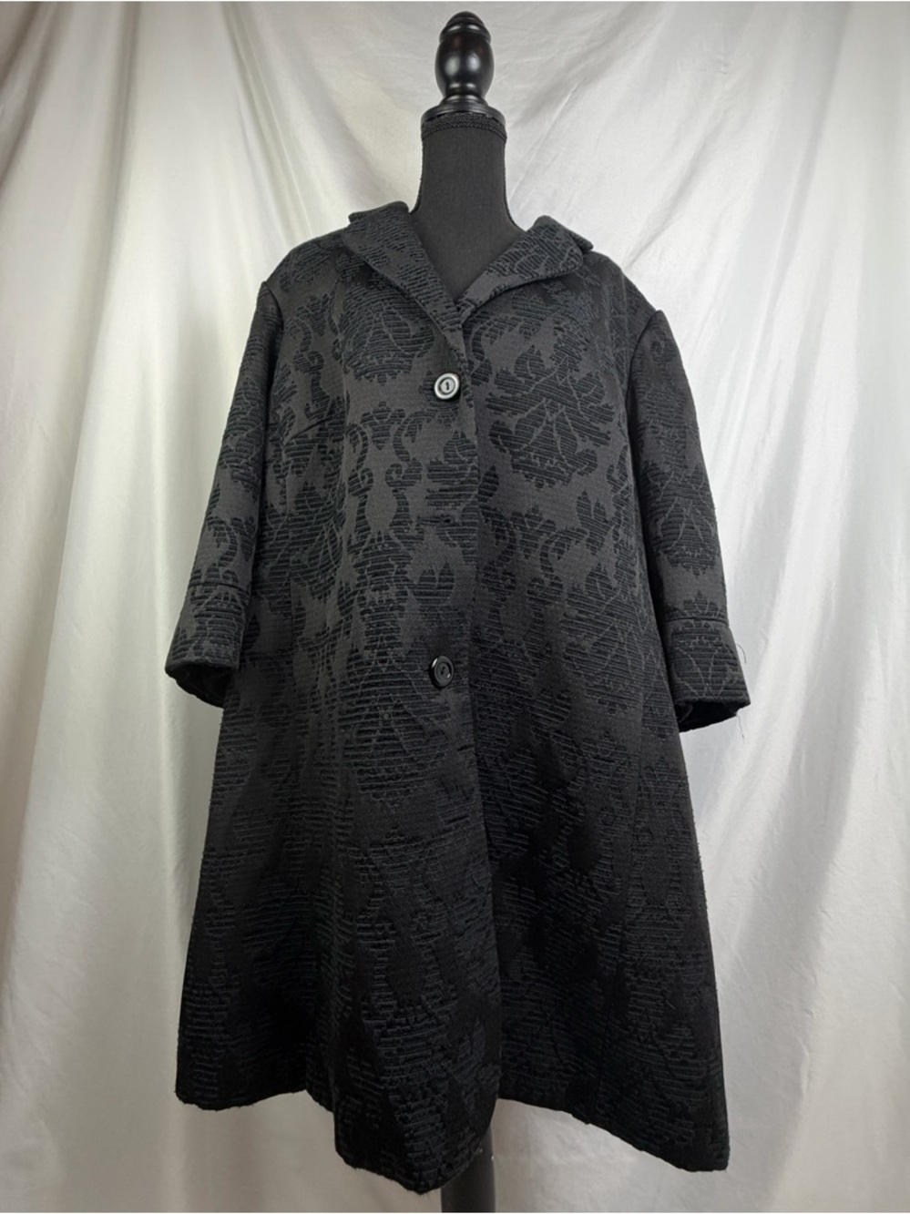 Nine West Black Navy Jacquard Trench Coat 22W A-Line Floral - Picture 2 of 10